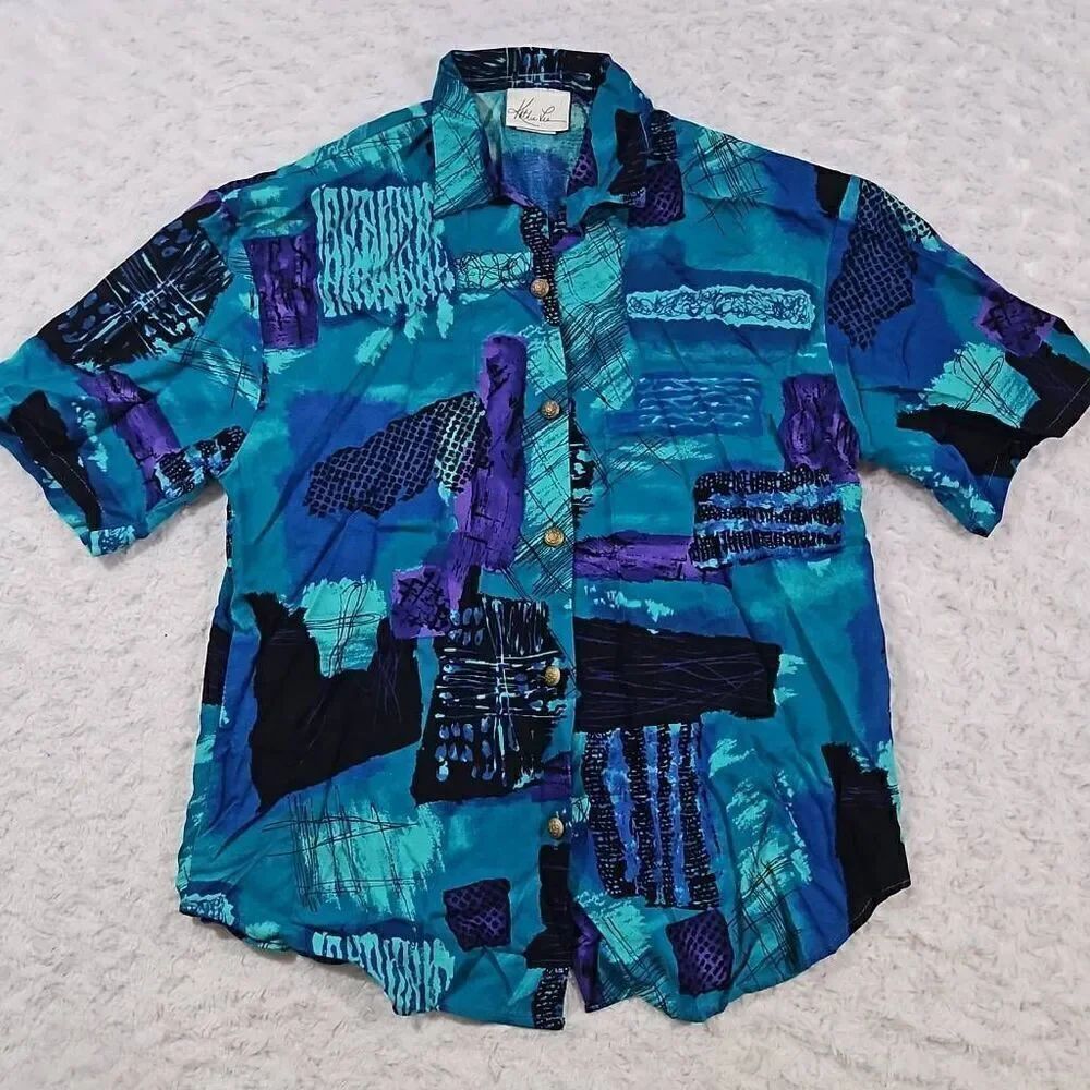 Kathie Lee Womens Size 10 Vintage 90s Blue Geometric Button Down Top Nickelodeon